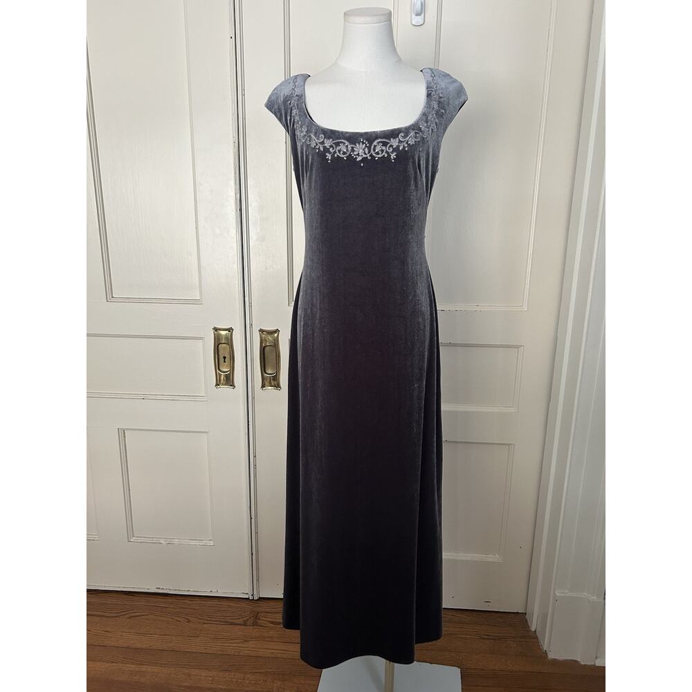 Vintage Phoebe Embroidered Velvet Maxi Dress Womens Size 6 Gray Classic Whimsy